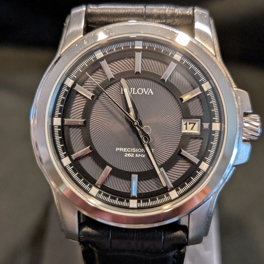 Bulova Precisionist Gray Dial Silver Tone Black Leather Band Men's Watch 96B158